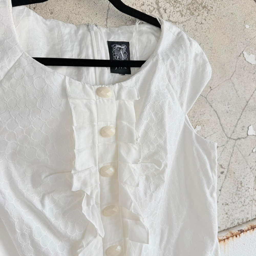 Mod Mini Dress White Textured Shift Dress Ruffles - Picture 4 of 9